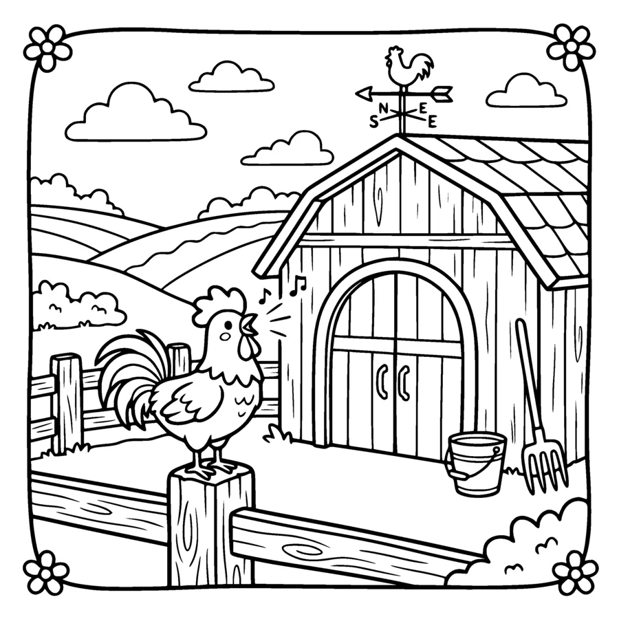A big wooden barn with a wide arched door and a weather vane, a proud kawaii rooster crowing on the fence post in front, a bucket and a pitchfork leaning on the wall, rolling fields behind