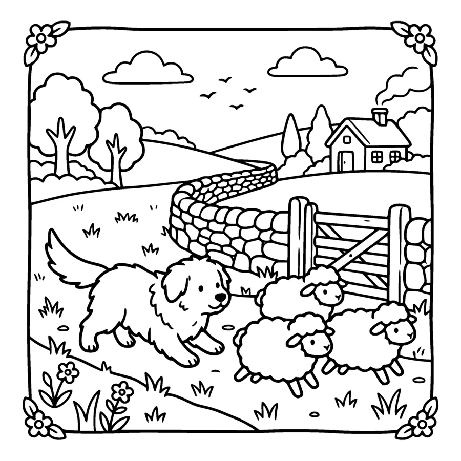 A focused kawaii sheepdog crouched low herding three sheep toward a gate, tail out straight, grass and a low stone wall around, the dog drawn as an outline only with white fur
