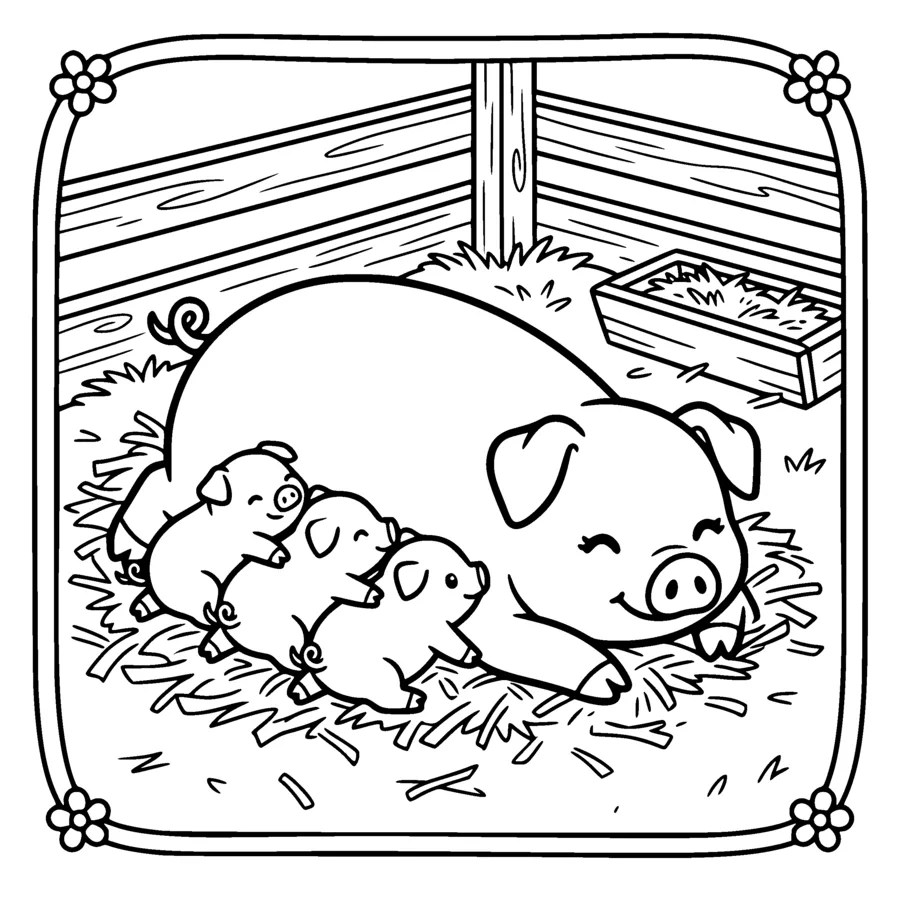 A large kawaii mother pig lying on straw with four tiny piglets snuggled along her side, a wooden pen and a feeding trough, all drawn as outlines only with white bodies