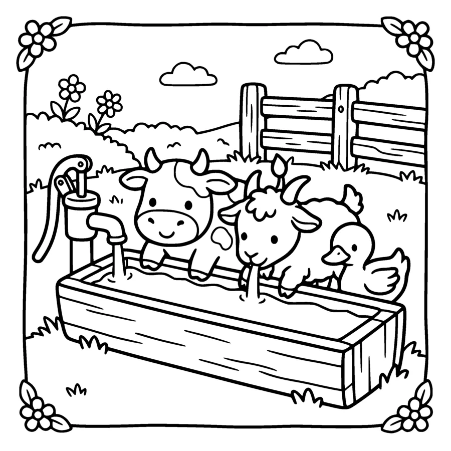 A kawaii cow, a goat and a duck all drinking together from a long wooden water trough, a pump handle at one end, grass and a fence behind