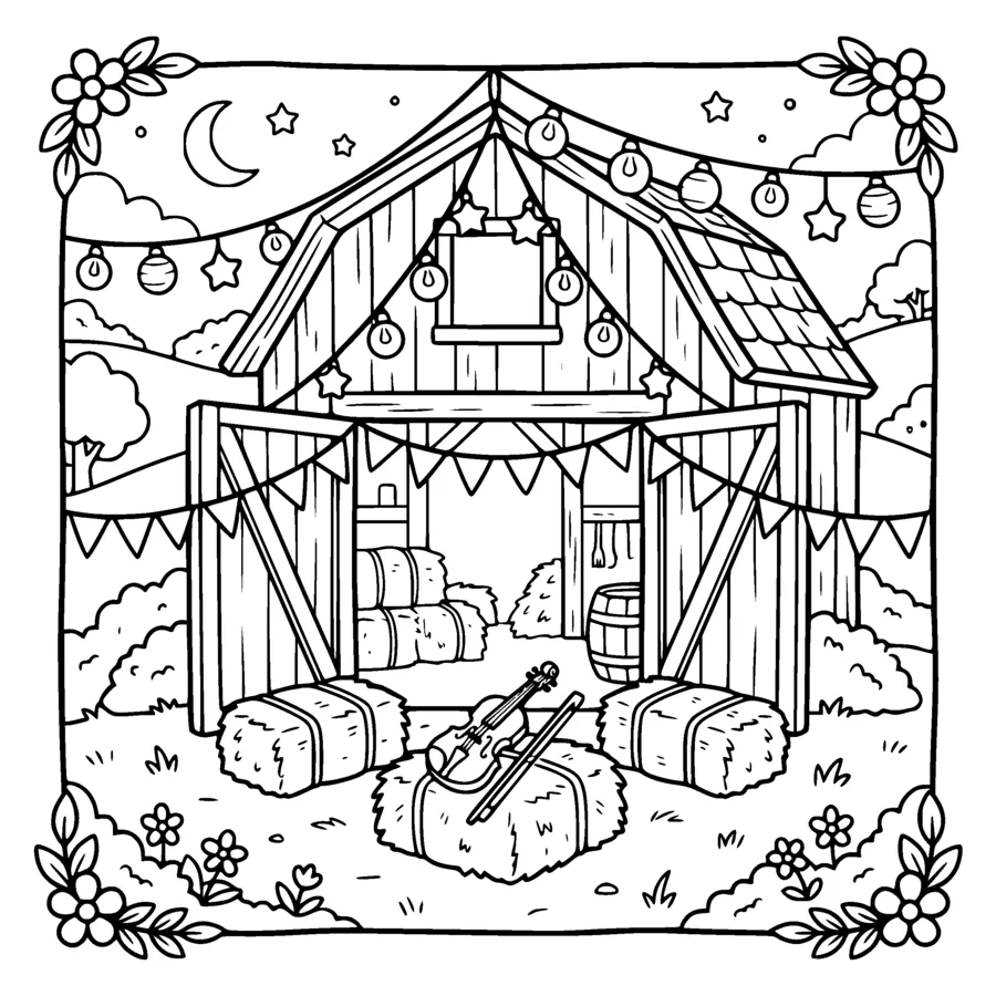 A barn with strings of lanterns hung across the open doors for an evening gathering, hay bales arranged as seats, a fiddle resting on one bale, bunting drawn as blank outlined triangles
