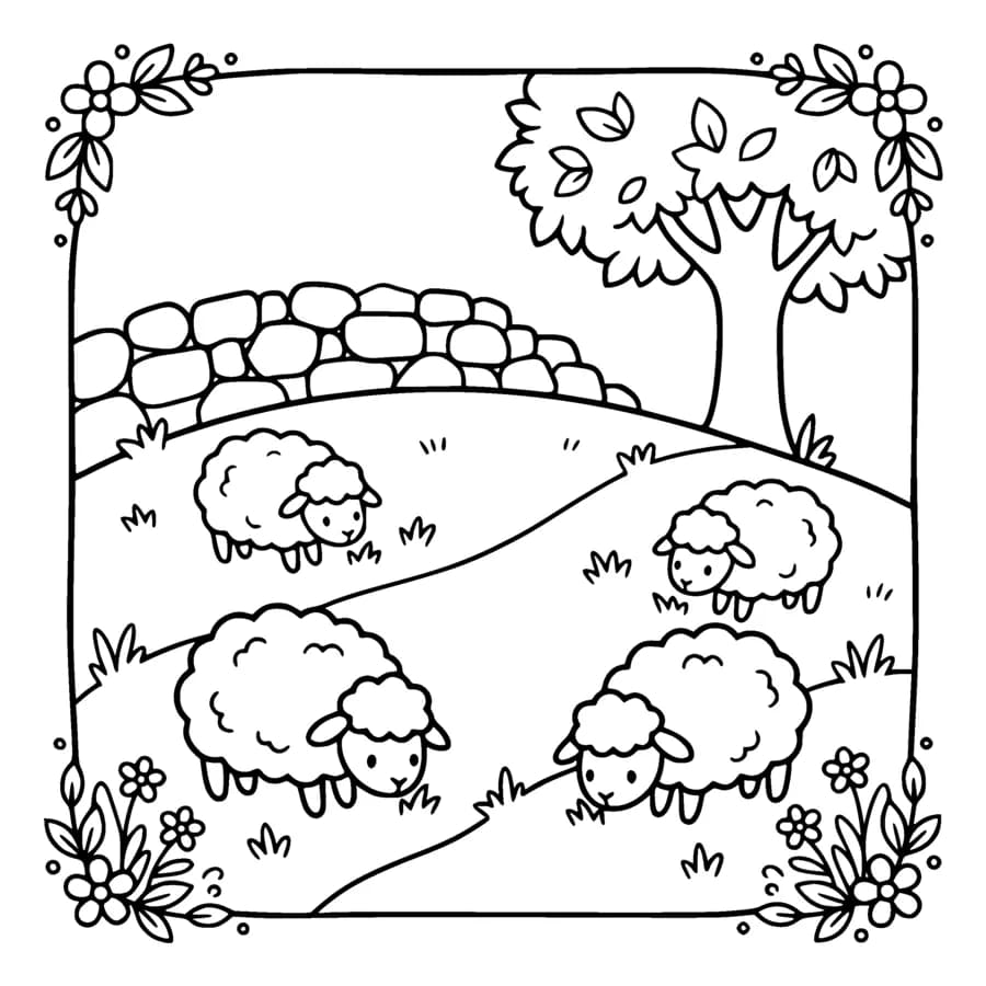 A flock of five kawaii sheep grazing on a green hill, their fleece drawn as simple outlined curls left white, a stone wall and a lone tree at the top