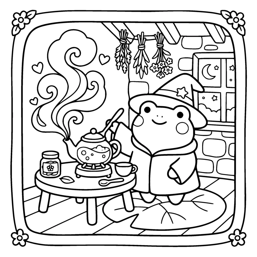 A kawaii frog wizard brewing tea in a small cottage, herbs hanging from the ceiling, bubbling teapot with white steam swirls, lily pad rug