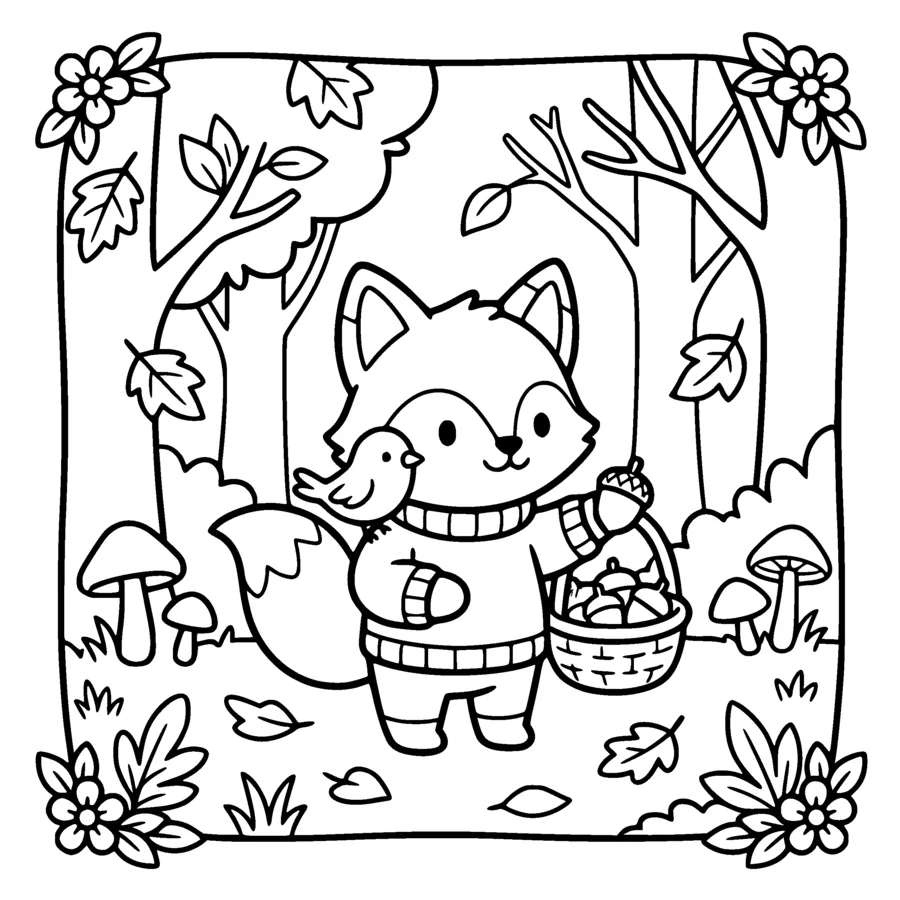 A chibi fox in a knitted sweater collecting acorns in a basket, autumn forest, mushrooms, a bird helper on its shoulder, trees as simple outlines