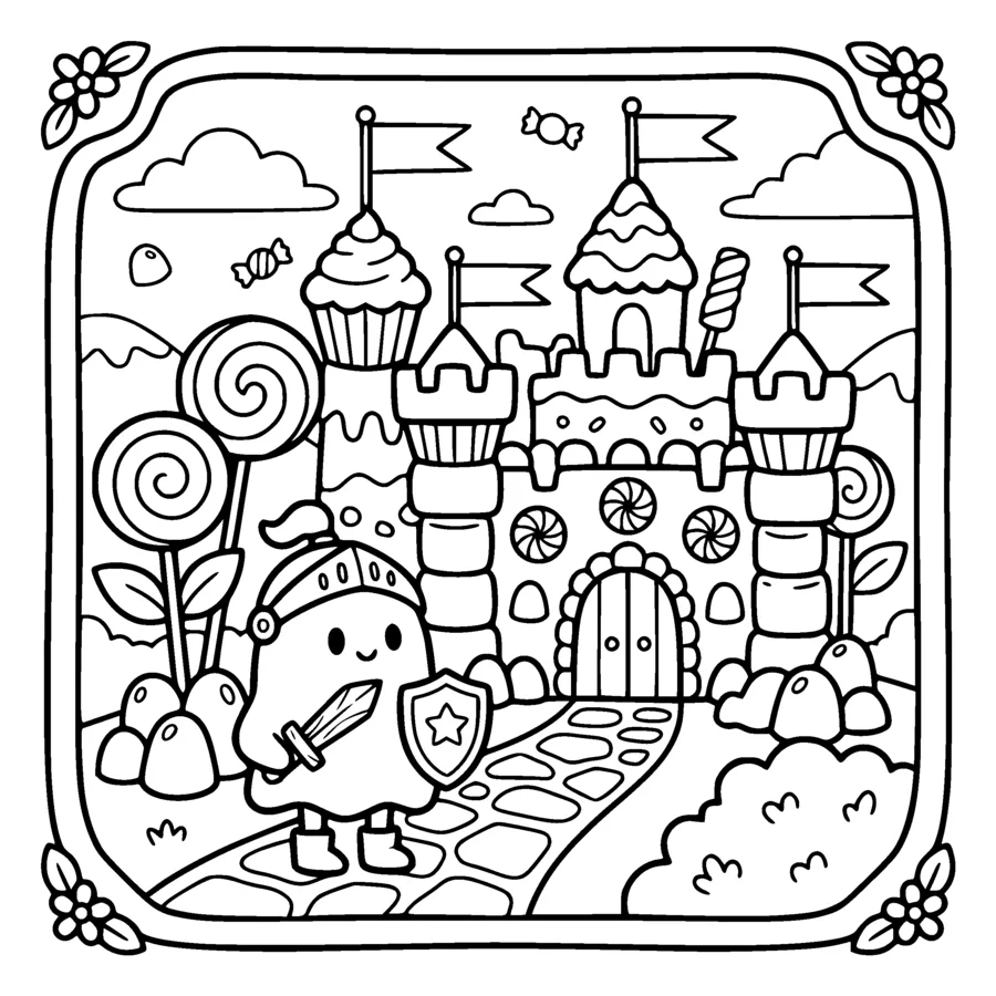 A cute ghost knight with a tiny shield and wooden sword guarding a candy castle, banner flags, lollipop trees, the flags drawn as blank outlined triangles