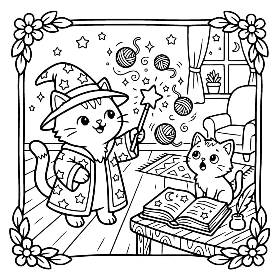 A kawaii cat wizard casting a spell that makes yarn balls float, wand with a star, spellbook, amazed kitten watching, both cats drawn as outlines only with white fur