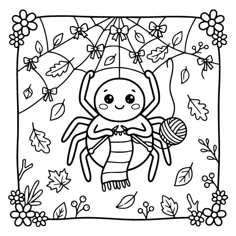 A cute spider hanging from a web decorated with tiny bows, knitting a scarf with its legs, autumn leaves falling around, the spider drawn as an outline only with a white round body