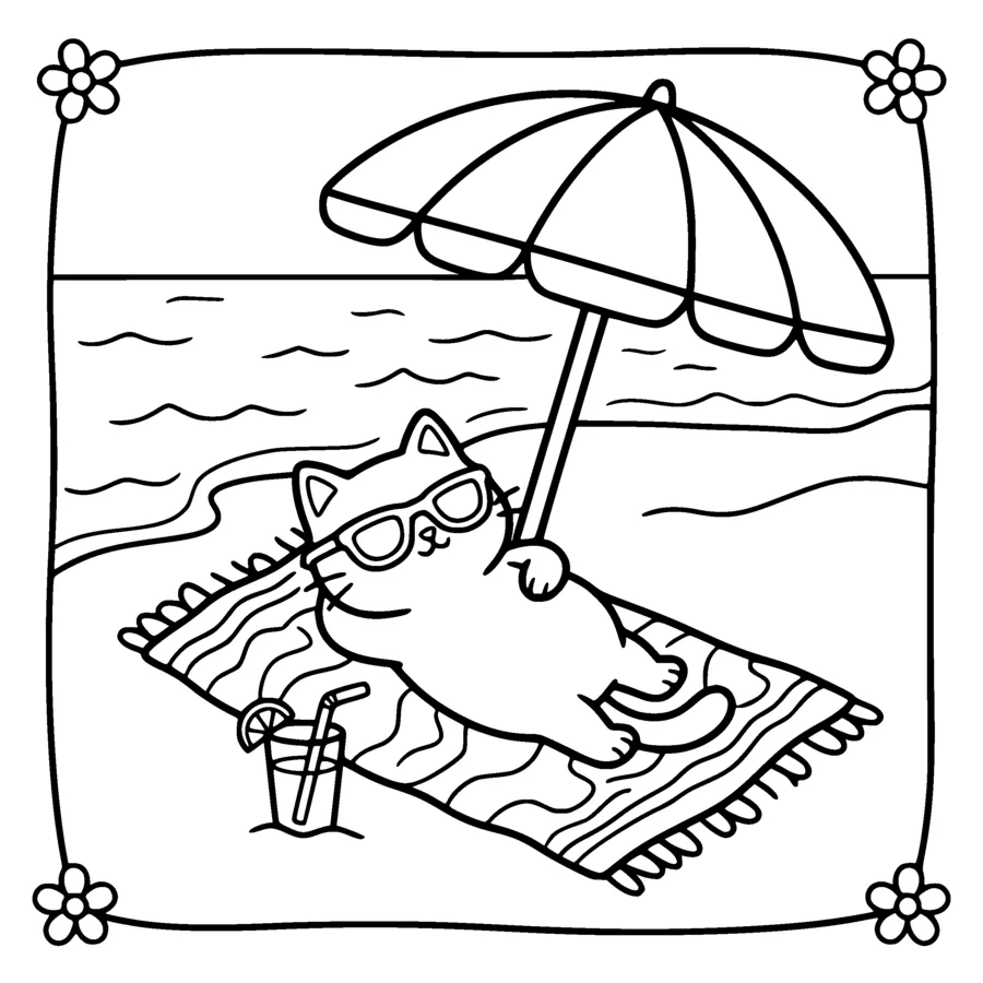 A kawaii cat in sunglasses lounging on a beach towel under a big striped beach umbrella, the stripes drawn as outlined stripes left white, a cold drink with a straw beside it, the sea drawn with simple outlined wave lines and left white