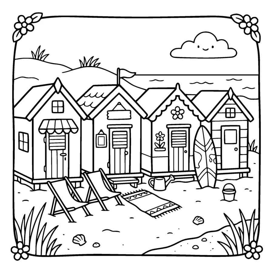 A row of four charming little beach huts with pointed roofs and shuttered doors, deck chairs and a surfboard leaning outside, sand and a few tufts of grass in front