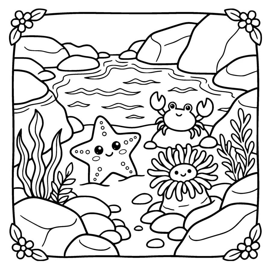 A rocky tide pool with a kawaii starfish, a small crab and a sea anemone, pebbles and seaweed around the edge, the water surface drawn as a simple outlined ripple