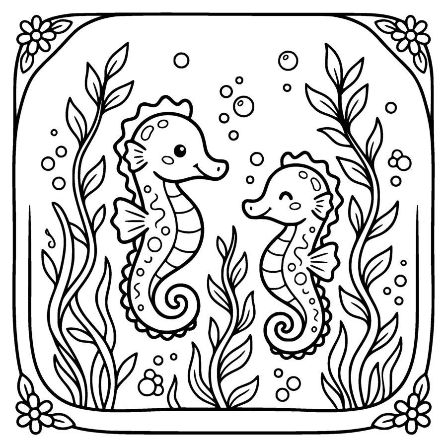 Two kawaii seahorses with curled tails floating among tall seaweed, small bubbles drawn as simple open outlines, the water left white