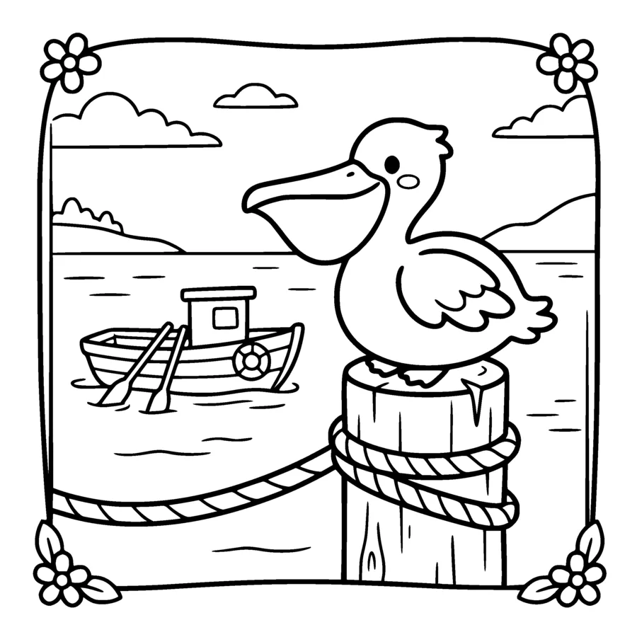 A chubby kawaii pelican perched on a wooden mooring post with a rope wrapped around it, the harbour and a small boat behind drawn as simple outlines
