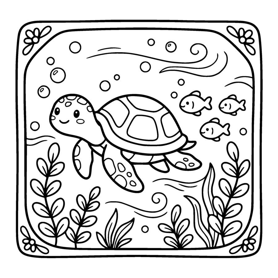 A kawaii sea turtle gliding through water with three small fish following, seaweed and bubbles drawn as simple open outlines, the water left white