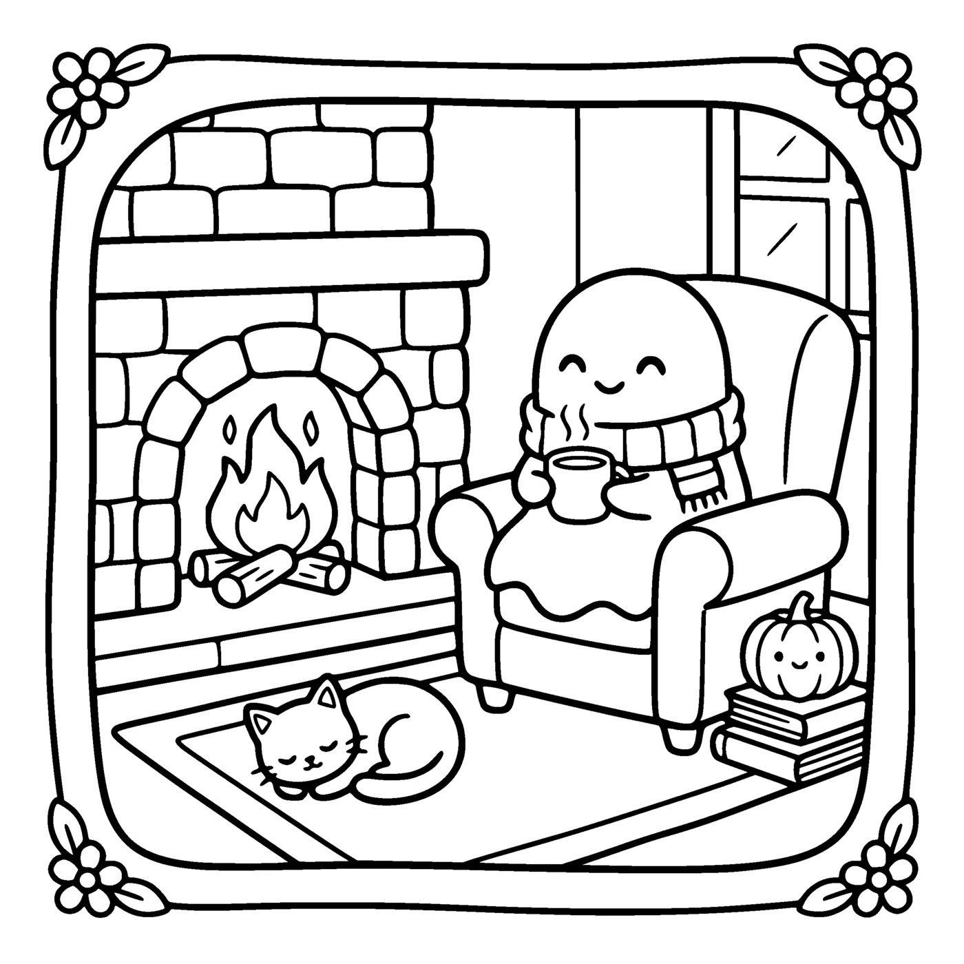 A ghost in a knitted scarf sits by a fireplace with a mug, a cat asleep on the rug