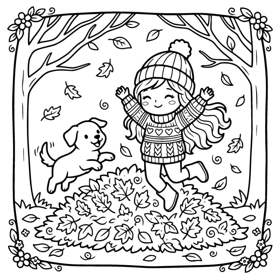 A chibi girl in a knitted sweater and boots jumping into a big pile of fallen leaves, a happy puppy leaping beside her, bare branches above, leaves swirling in the air drawn as simple outlines, the puppy drawn as an outline only with white fur