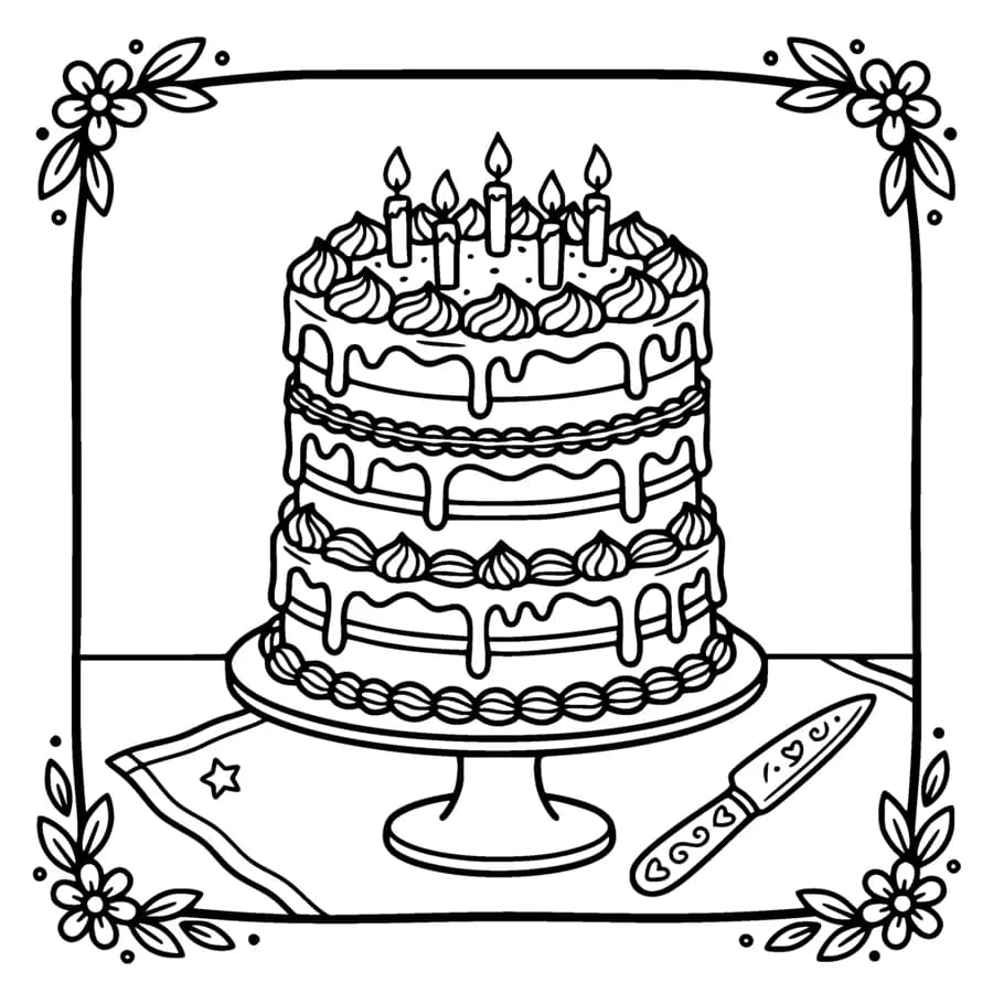A tall three layer birthday cake covered in piped swirls and small candles on top, drips running down the sides drawn as simple outlines, a cake stand and a knife beside it, the cake is completely plain with no writing piped on it