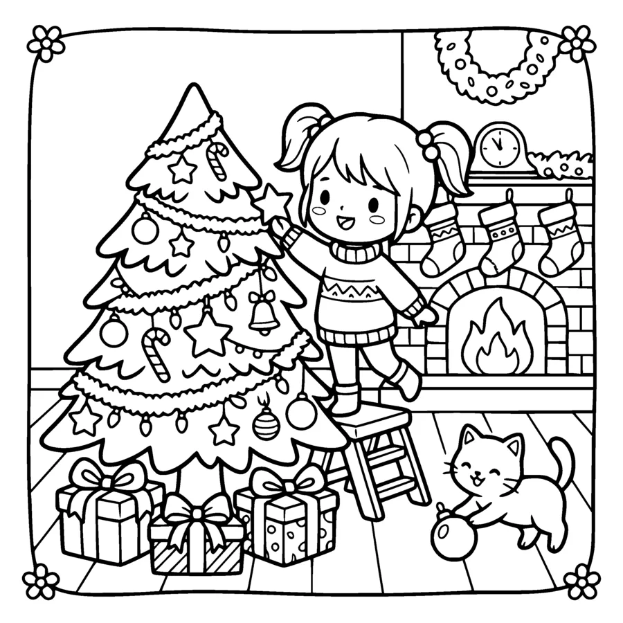 A chibi girl in a knitted sweater decorating a Christmas tree, a cat playing with an ornament ball, wrapped gifts, a fireplace with stockings, the tree drawn with simple outlined branches and all ornaments left white inside