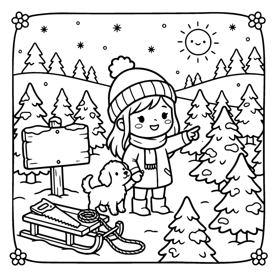 A chibi girl in a bobble hat and her puppy choosing a fir tree at a snowy Christmas tree farm, rows of small firs around them, a handsaw and a coil of rope on a wooden sled, a wooden signpost that is completely plain with no letters on it
