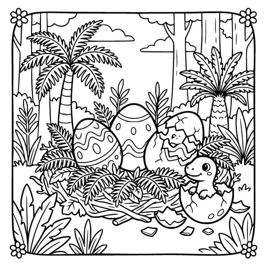 A nest of three large dinosaur eggs resting on big ferns, one egg cracked open with a tiny kawaii baby dinosaur peeking out, the shell pieces drawn as simple outlines, tall prehistoric plants around