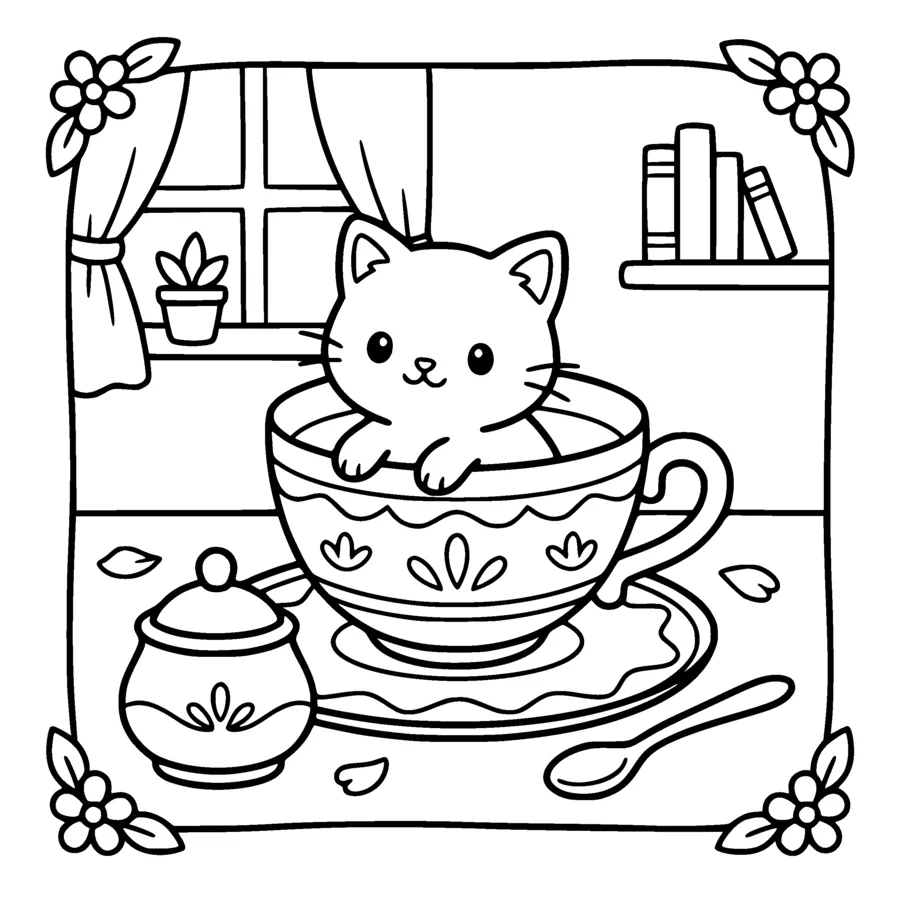 A tiny kawaii kitten sitting inside an oversized teacup on a saucer, a sugar bowl and a small spoon beside it, a few flower petals on the table