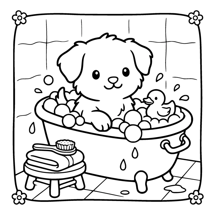 A kawaii puppy sitting in a small tub full of bubbles drawn as white outlined circles, a rubber duck floating beside it, a towel and a brush on a stool, water drops drawn as small outlined teardrops