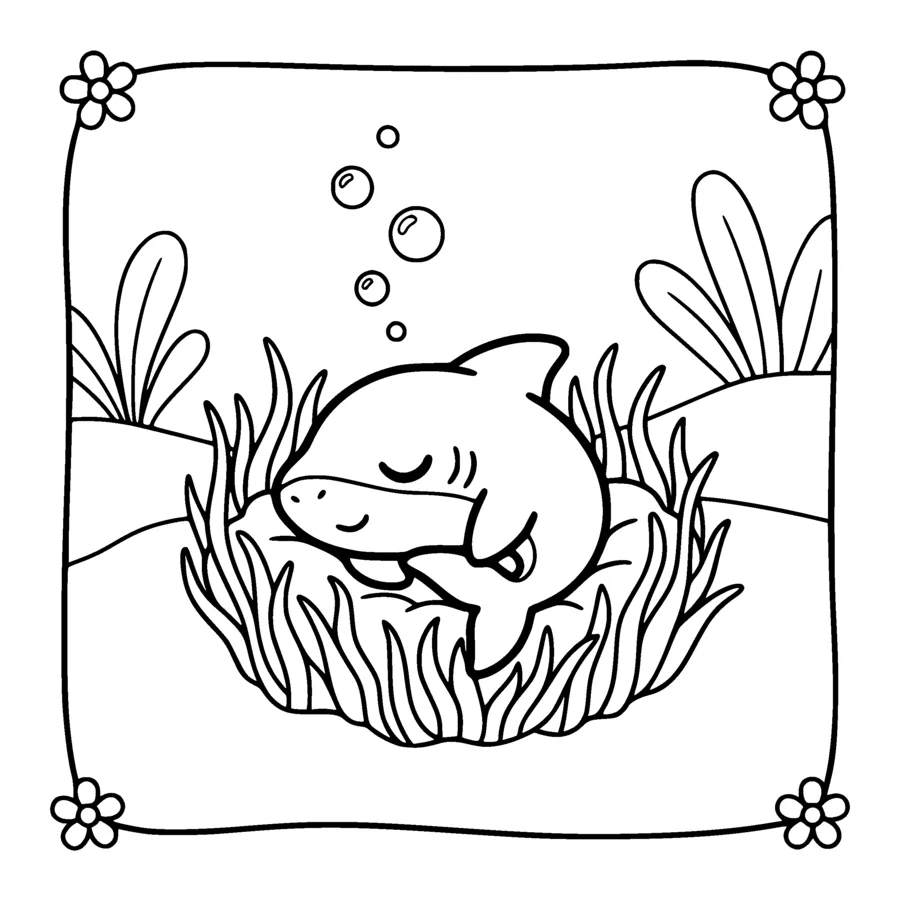 A tiny kawaii baby shark with a rounded snout curled up fast asleep in a soft bed of tall seagrass on the sea floor, small round bubbles rising above it, the shark drawn as an outline only and left completely white inside, no sleep symbols and no letters of any kind