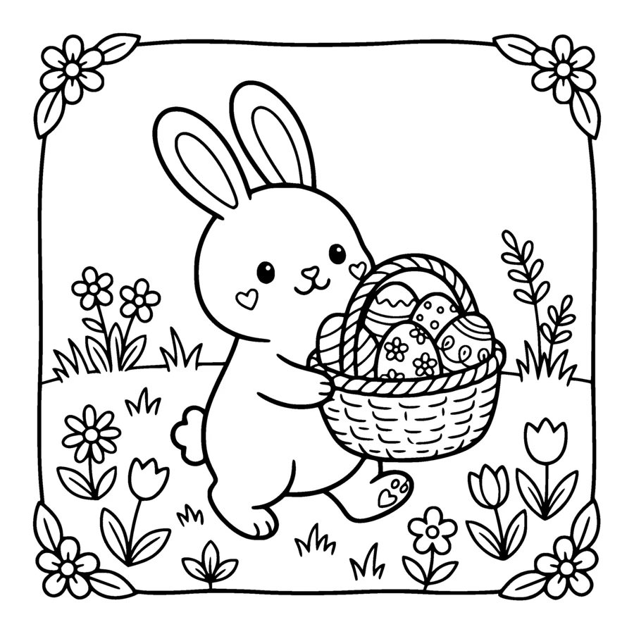 A kawaii bunny carrying a woven basket full of decorated eggs, each egg patterned with simple outlined stripes and dots left white, spring flowers and grass around its feet