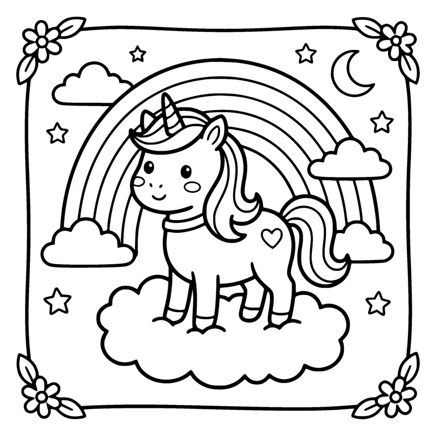 A kawaii unicorn standing proudly on a fluffy cloud with a big rainbow arching behind it, the rainbow drawn as simple outlined bands left white, its mane drawn as flowing open outlines