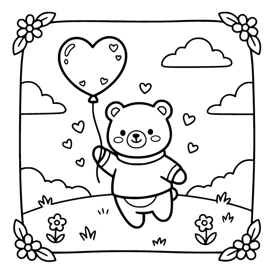 A kawaii bear holding the string of a big heart shaped balloon, floating slightly off the ground, small hearts drifting around, the bear drawn as an outline only with white fur