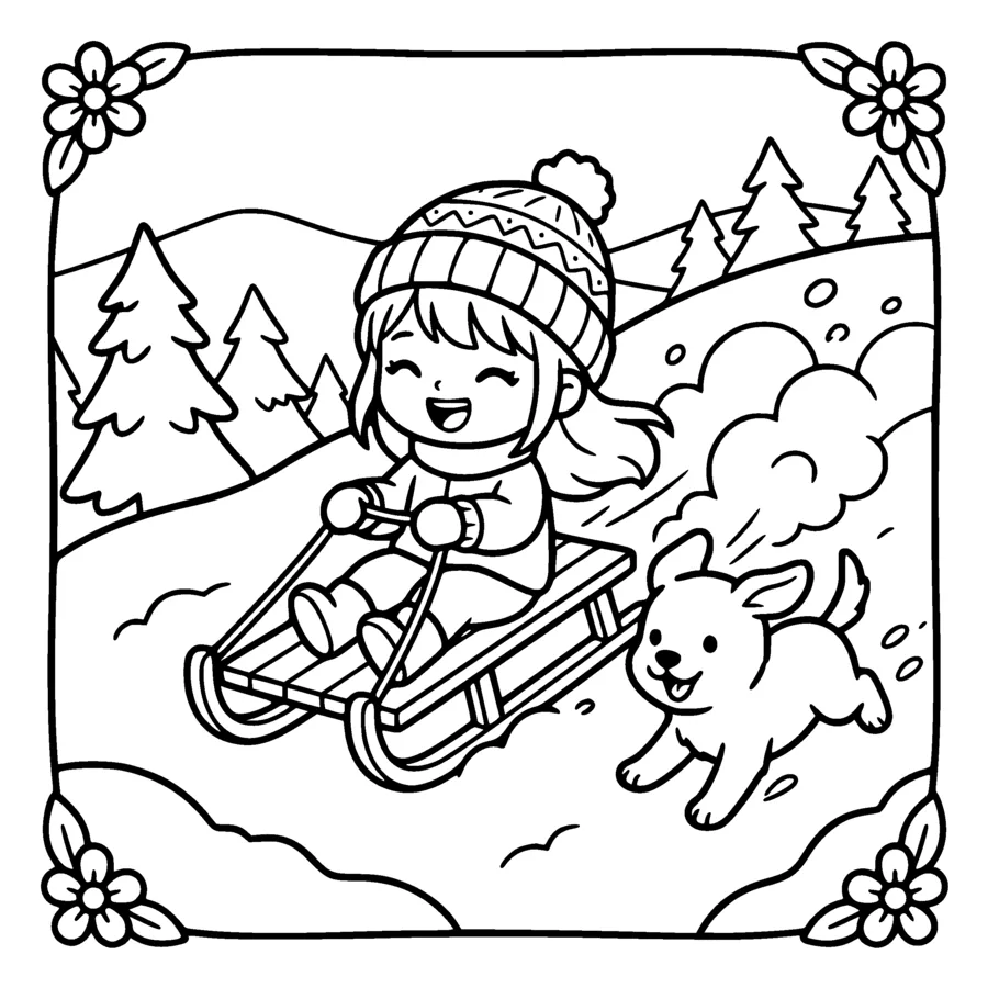 A chibi girl in a knitted hat and mittens sledding down a snowy hill on a wooden sled, a happy puppy running alongside, snow spraying up drawn as simple outlined puffs, small pine trees on the slope, the puppy drawn as an outline only with white fur